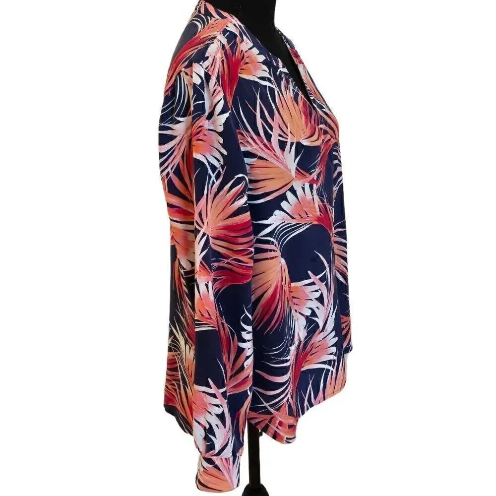 Tommy Bahama Womens Long Sleeve Tropical Silk Blouse Coral Navy Blue Medium